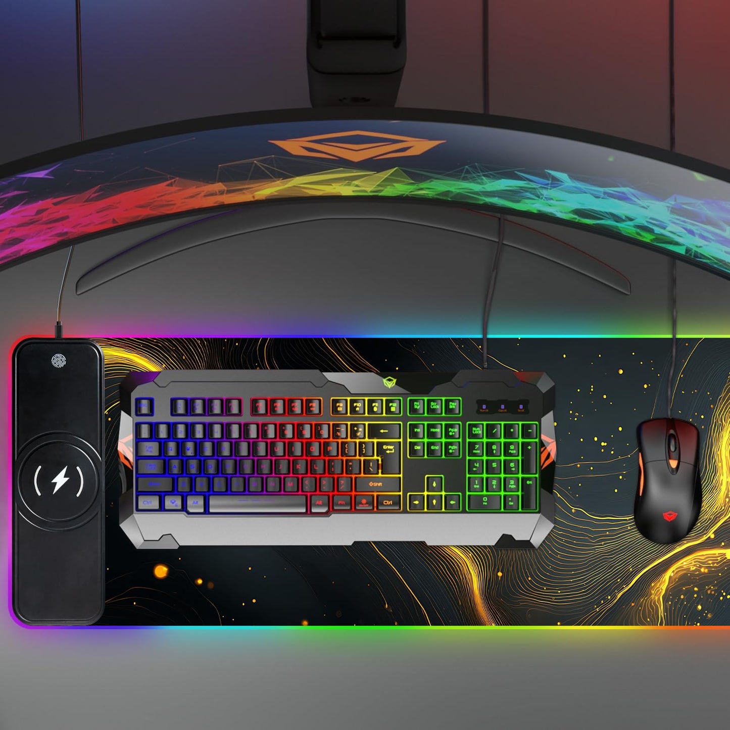 Wireless Charging RGB Gaming Mouse Pad, 31.5 x 11.8 Inch Extended Mouse Mat with Black & Gold Abstract Wave Design, LED Desk Pad with 7 Lighting Modes, Non-Slip Base for Gaming & Office