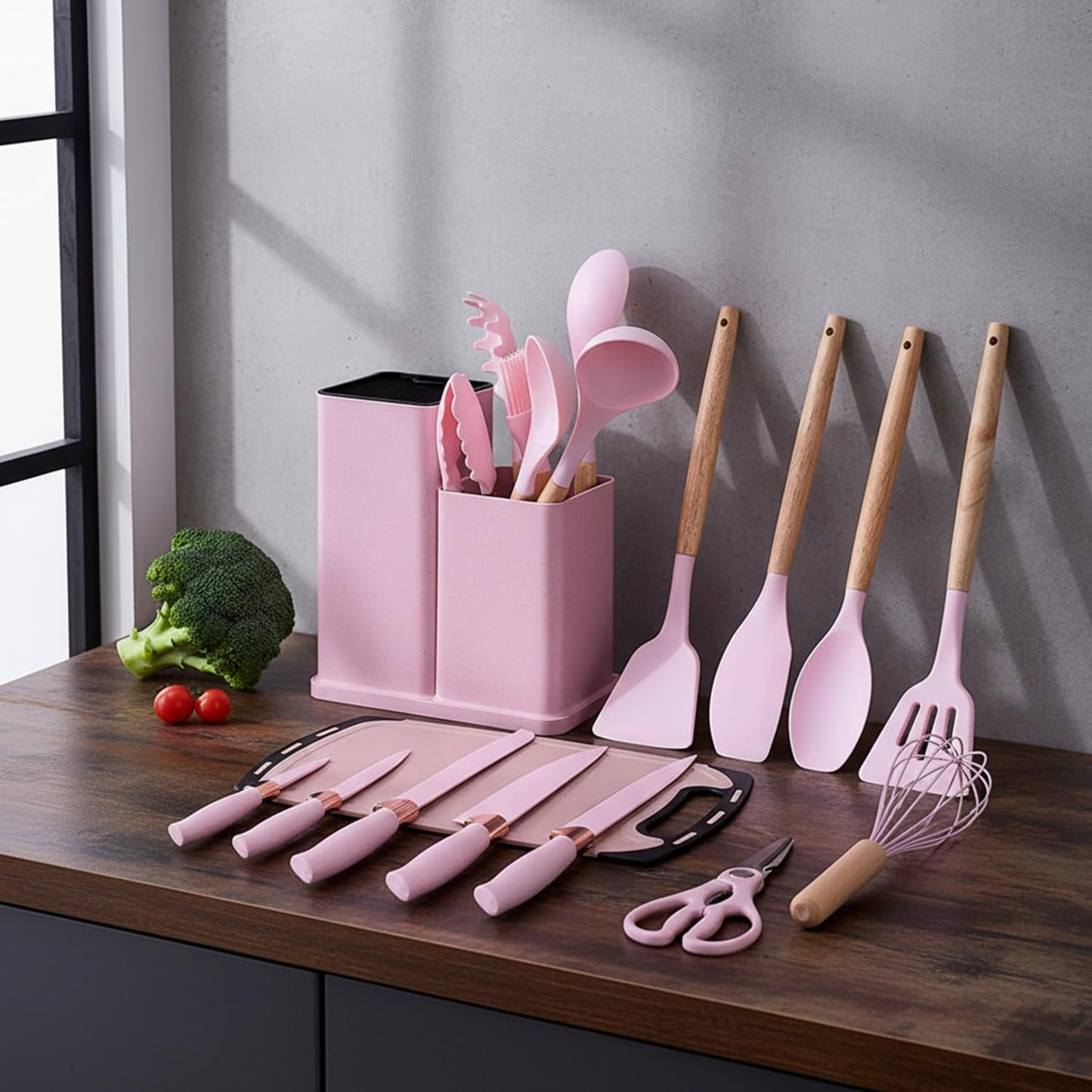 19 PCS Pink Silicone Cooking Utensils Set with Wooden Handle & Knife Set Block, Heat-Resistant Spatula, Spoon, Ladle, Whisk with Holder – BPA Free, Silicone Kitchen Utensil Set for Cooking & Baking