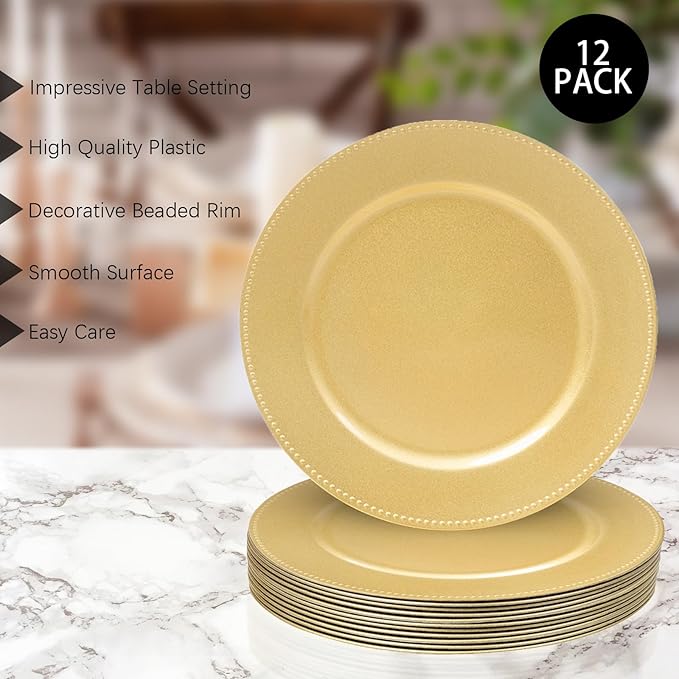 MAONAME 13" Gold Charger Plates Set of 12, Round Charger for Dinner Plates, Plate Chargers with Beaded Rim, Plastic Table Chargers for Wedding, Party