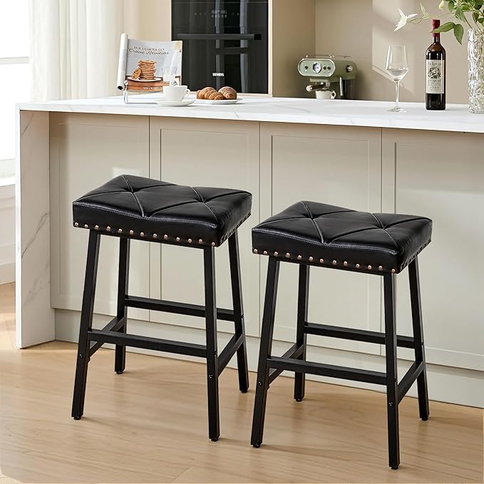 VECELO 25 inch Counter Height Stools for Kitchen Island, 3.3'' Thick PU Upholstered Saddle Seats, Backless Bar Chairs with Metal Base, Black