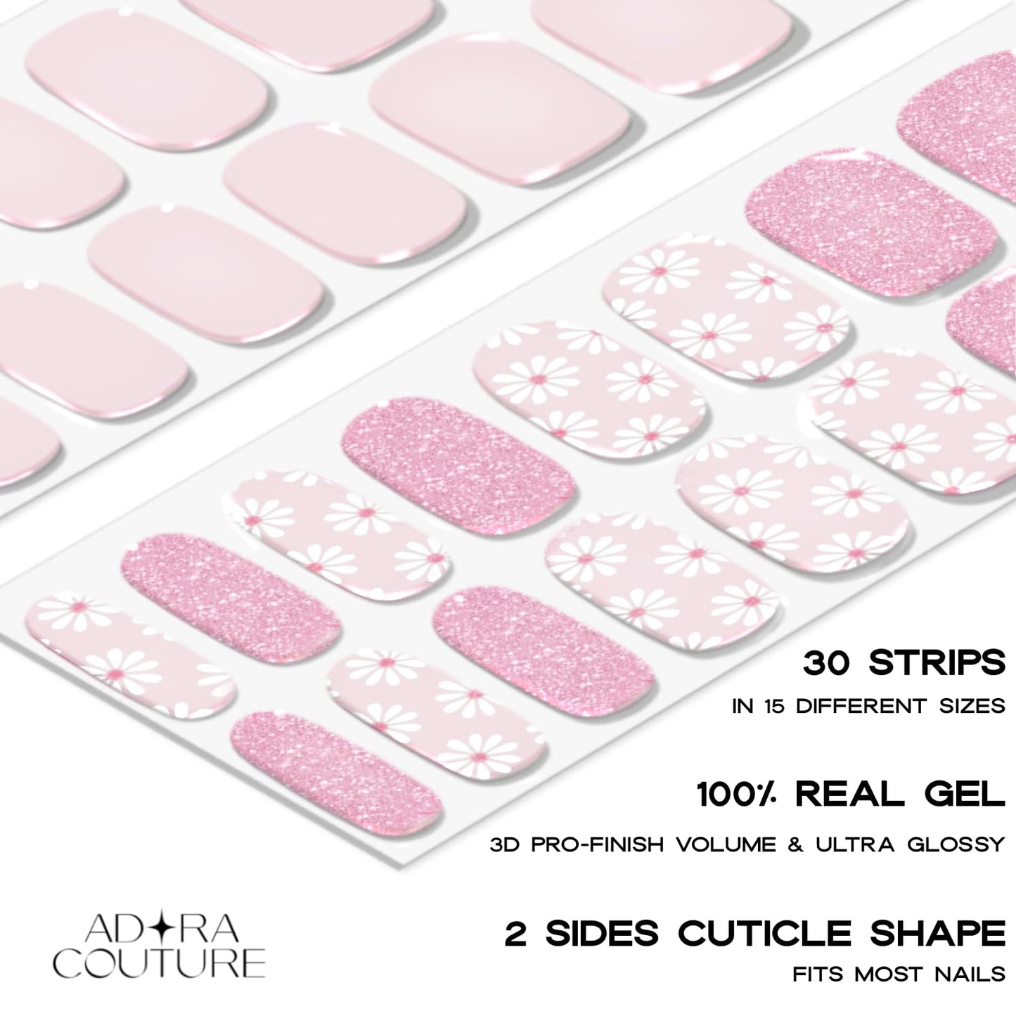 Adora Couture Semi Cured Gel Nail Strips with 30 Pieces - Salon Quality Manicure Kit for Women Easy Application Wraps Includes Prep Pads Nail File Wooden Stick, UV Light Required (Charming Daisy)