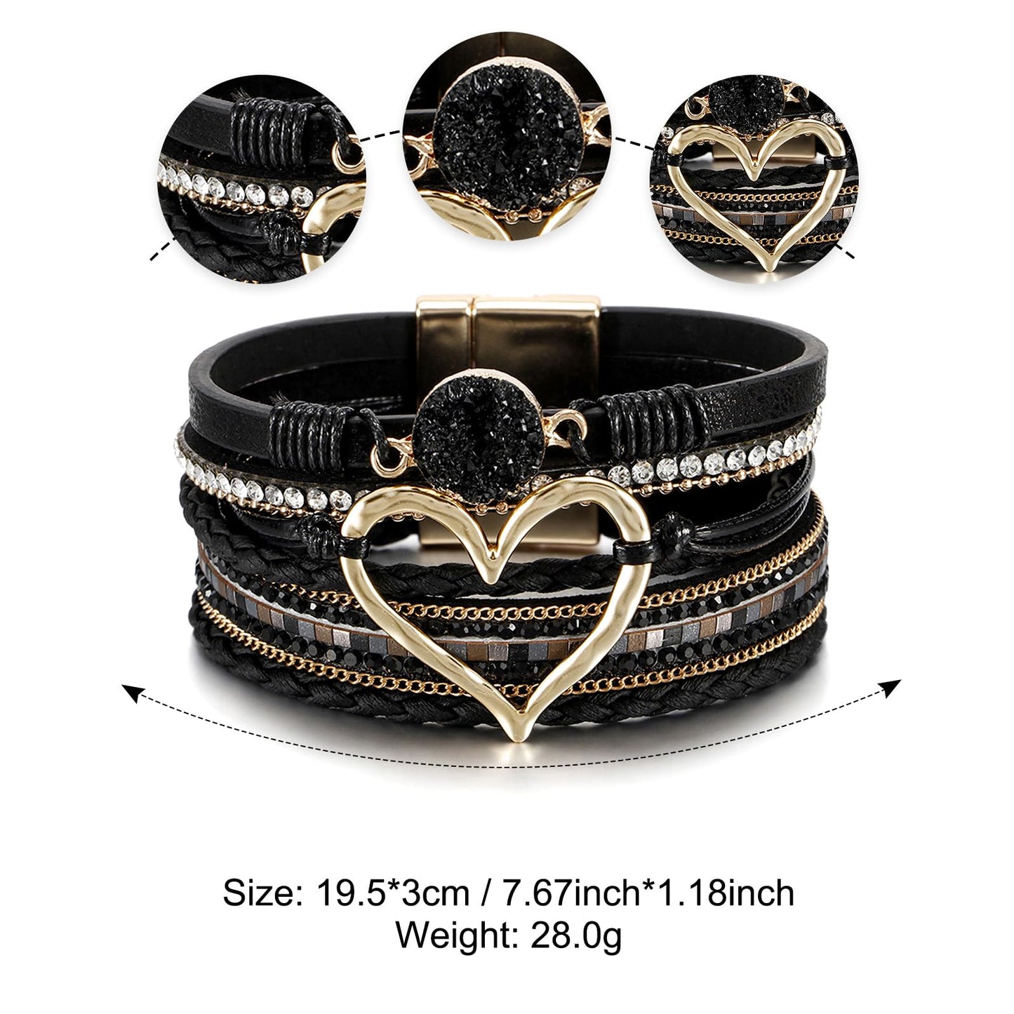 Leopard Bracelet for Women, Boho Leather Wrap Multi-Layer Pearl Crystal Bracelet Bangle Jewelry (Heart Leather(Black))