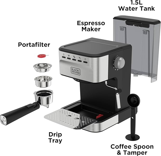Black+Decker Semi-Automatic 15 Bar Espresso and Cappuccino Maker, Versatile Machine with Ability to use Grounds or ESE Pods to Make Your Perfect Cup of Coffee