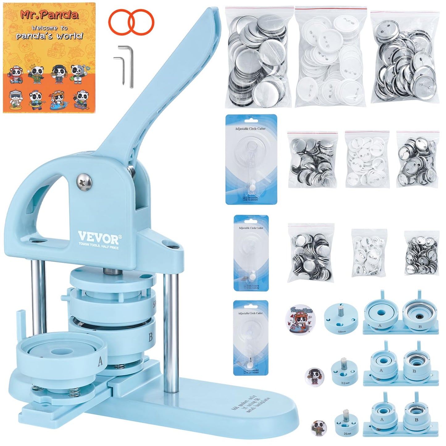 VEVOR Button Maker, 1/1.25/2.28 inch(25/32/58mm) 3-in-1 Pin Maker, 300pcs Button Parts, Ergonomic Arc Handle Punch Press Kit, Button Maker Machine with Panda Magic Book, for Children DIY Gifts, Blue