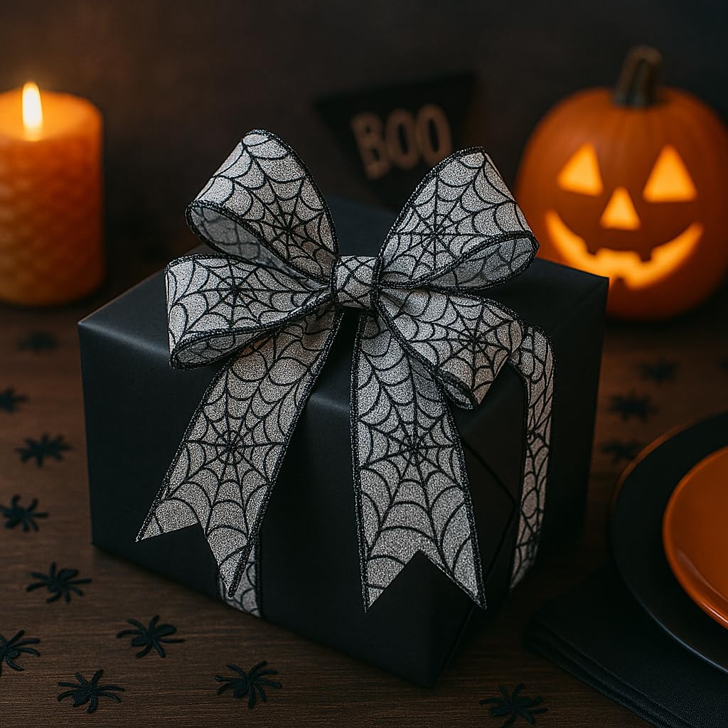 Designer’s Shop Halloween Wired Edge Ribbon 2.5” x 10 Yard for DIY Crafting, Home Décor (Spider Web- Black-White) WR 63-5113 Black Spider Web on White Satin Ribbon