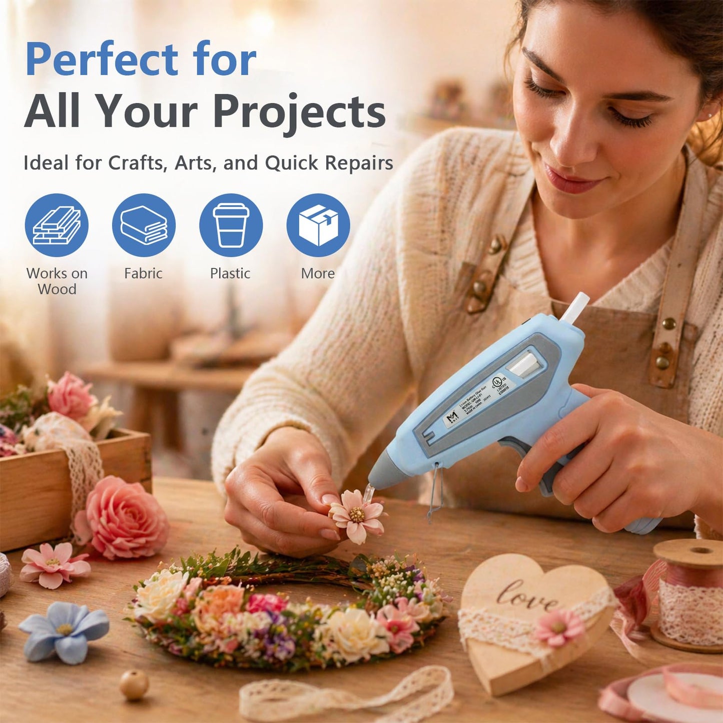 Cordless Hot Glue Gun Kit, 15-Second Fast Heating 10W, 30pcs Glue Sticks & Canvas Bag, Auto Shut-Off, Safety Nozzle, USB Rechargeable for DIY Crafts Fabric Wood Home Repairs(Blue)