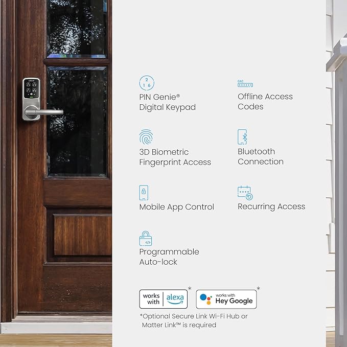 Lockly Secure Plus Bluetooth Smart Door Lock, Keyless Entry with PIN Genie® Digital Keypad, 3D Biometric Fingerprint Sensor Front Door Lock with Handle, Voice Control & Auto Lock - Latch Edition