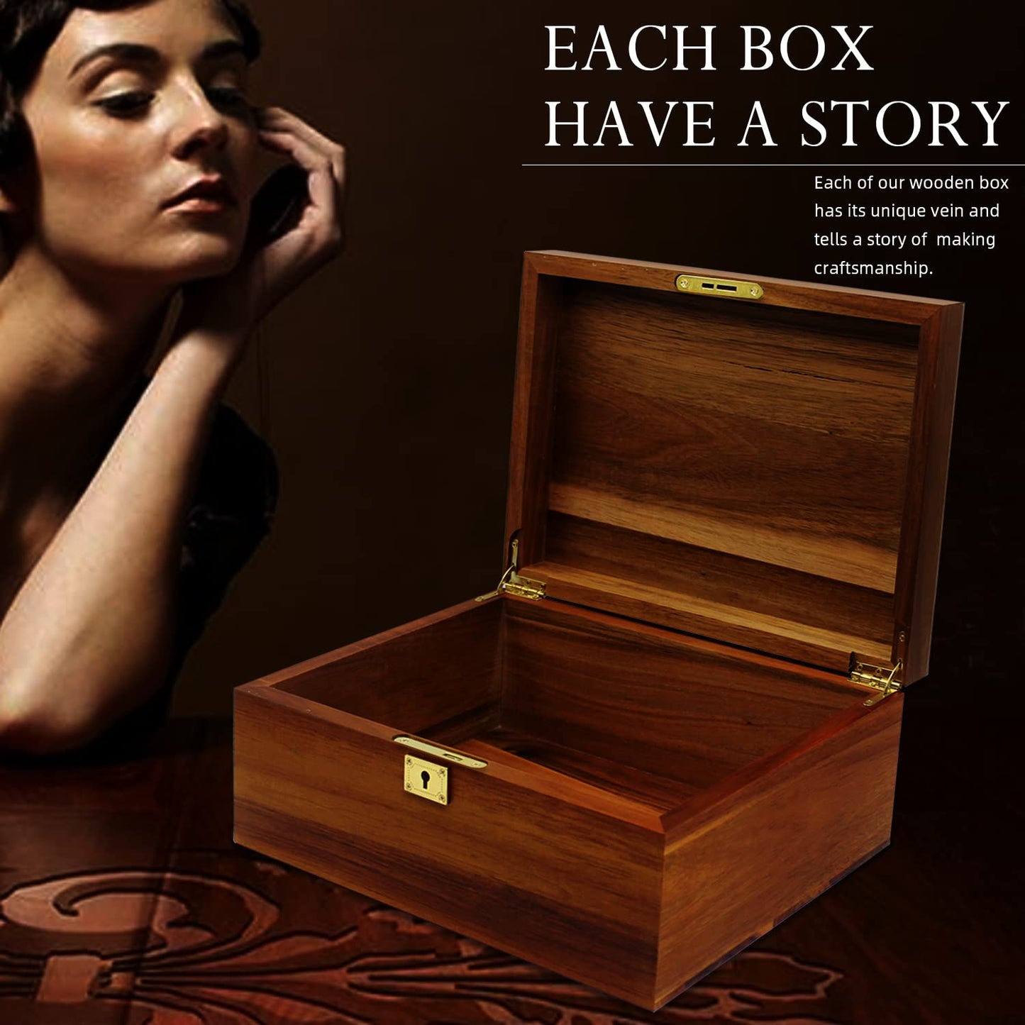 MFLUEEWR Wooden Storage Box with Hinged Lid and Locking Key Large Premium Solid Acacia Keepsake Chest Box -Storage Space to Organize Jewelry, Toys, and Keepsakes in a Beautiful Wooden Decorative Box