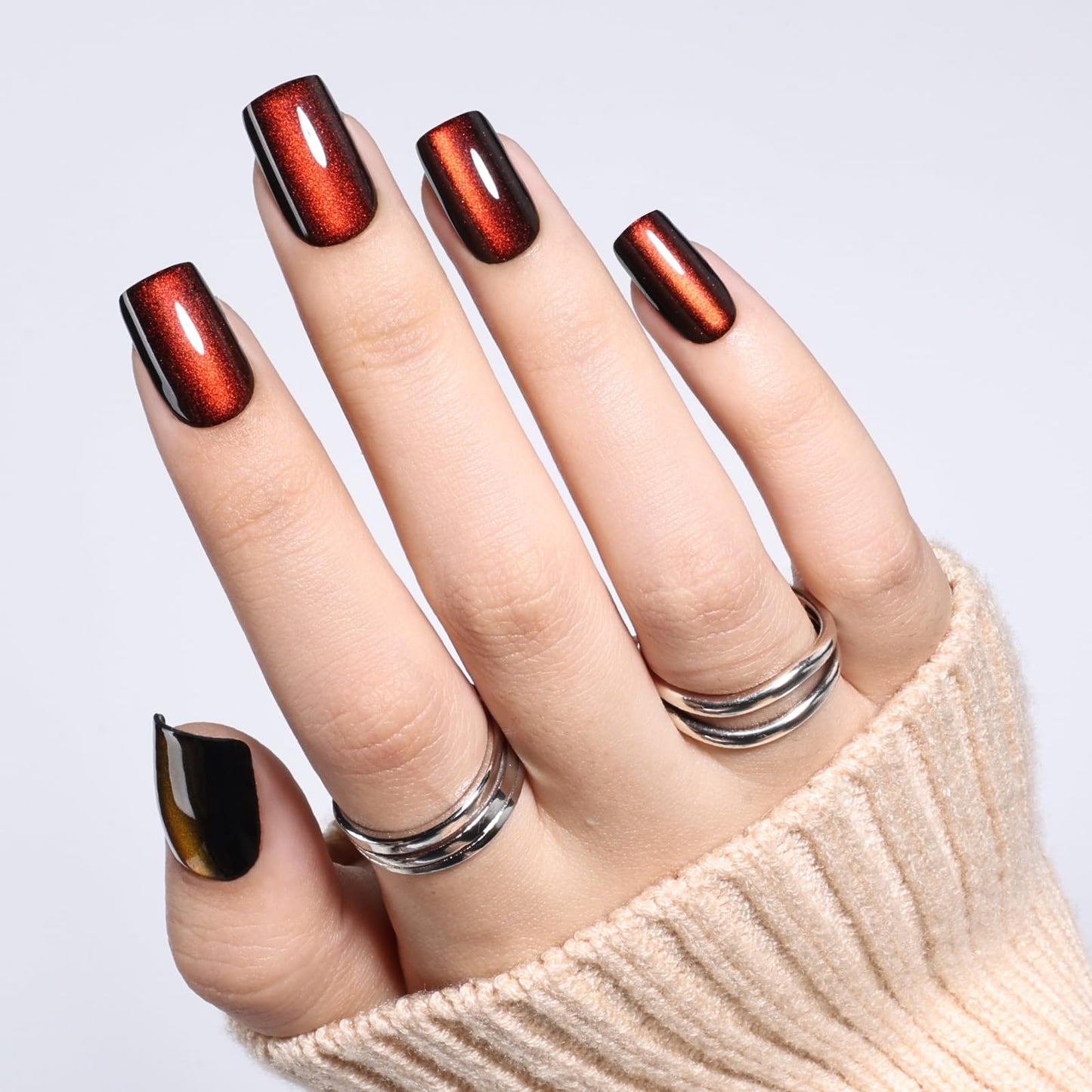 Red Brown Cat Eye Press On Nails - Short Square Cat Eye Nails Press Ons for Women Fake Nails with Glue, Glossy Reusable Glue on Nail in 16 Sizes - 32pcs