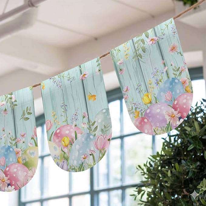 Easter Eggs Banner 3Pcs Indoor Outdoor Hanging Banner Flag Spring Daisy Eucalyptus Leaves Teal Wooden Sign for Fireplace Mantel Decorative Bunting Garland Valance for Shop Door Mantle Decor 9.8"x15.8"