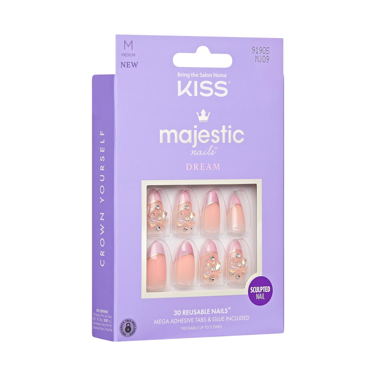 KISS Majestic, Press-On Nails, Nail 2G Glue included, 'Maestro', Light Pink, Medium Size, Almond Shape, Includes 30 Nails, 2 Manicure Stick, 1 Mini File, 2 Prep Pad, 2 Adhesive Tabs, Instruction Sheet