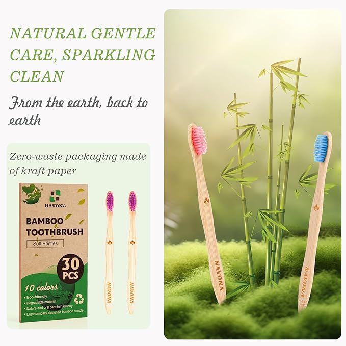 Navona 30 PCS Bamboo Toothbrushes, BPA Free Soft Bristles Toothbrush for Adults, Box of Two Kids Bamboo Toothbrushes Pack, Eco-Friendly Natural Wooden Toothbrush Bulk