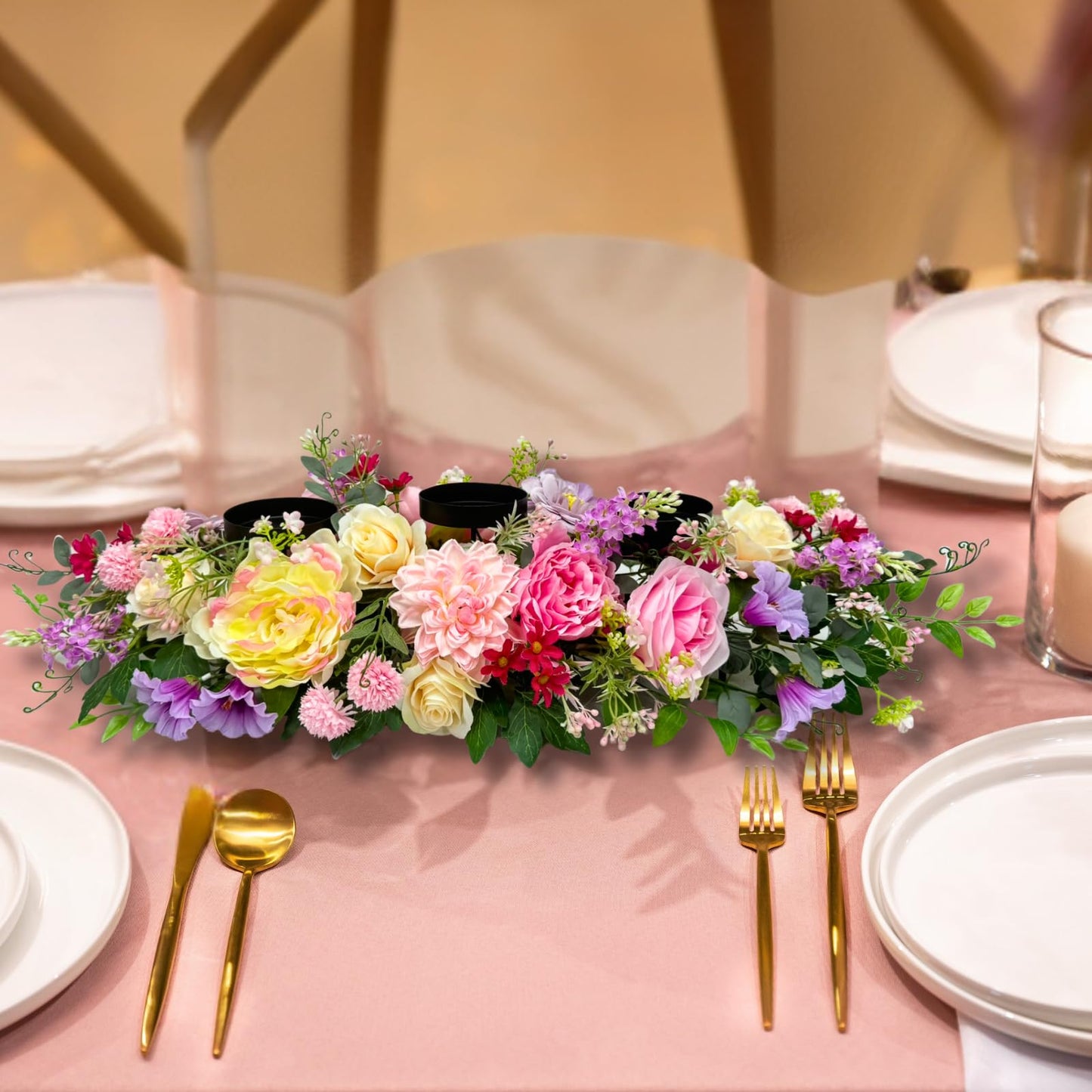 Svndlyn Candle Holder Centerpiece for Table Artificial Peonies Flowers,Rose Flowers and Morning Glory for Wedding Party Table Centerpieces Mixed Flowers Floral Arrangement Home Kitchen Decor