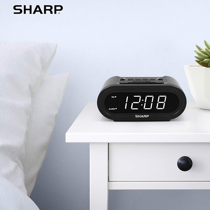 Sharp AccuSet Self-Setting Alarm Clock with White LED, Midnight Black