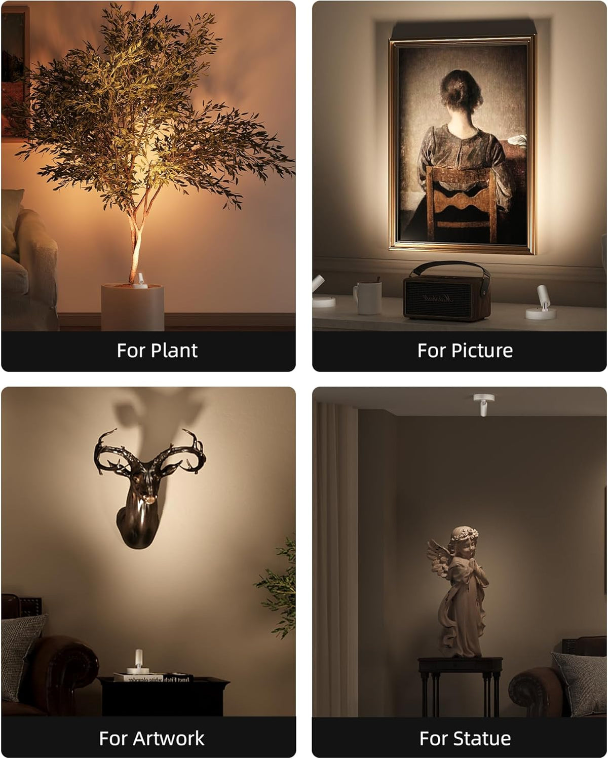 EZVALO Spot Lights Indoor,5500mAh Rechargeable Plants Spotlights with Remote,Wireless Mini Art Accent Spot Lights with Timer&Dimmable, 3CCT, Uplights Indoor for Plants,Display,Artwork(4Pack-White)