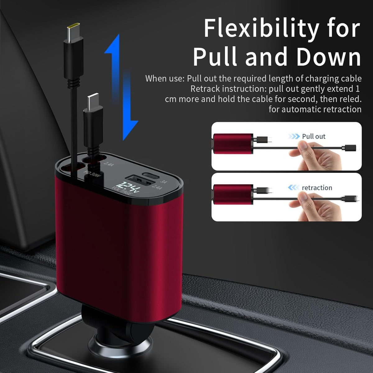 Retractable Car Charger Compatible with Galaxy Pixel, 4 in 1 Fast Charging 60W, Retractable Phone Charger for Car Retractable Cable and 2 USB Ports