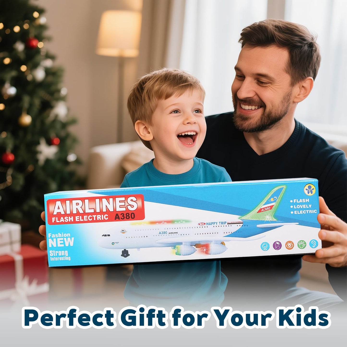 AtomDream Tech Bump and Go Airplane Toy with 4D Lights & Sounds, Realistic Moving Plane with Automatic Direction Change, Interactive Aircraft Toy for Boys & Girls Ages 3โ12, (Red)
