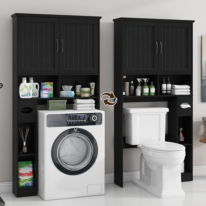 Over The Toilet Storage Cabinet, Farmhouse Storage Cabinet Over Toilet with Barn Door& Toilet Paper Holder Stand,Home Space-Saving Toilet Rack, for Bathroom, Restroom, Laundry.Pure Black