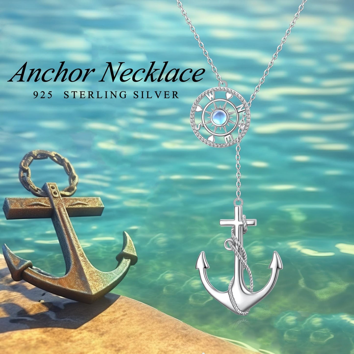 Anchor Necklace for Women 925 Sterling Silver Anchor Pendant Necklace with Moonstone Anchor Jewelry Y Shaped Lariat Style Necklace Polished Nautical Anchor Rope Fine Jewelry 30 inch for Love One