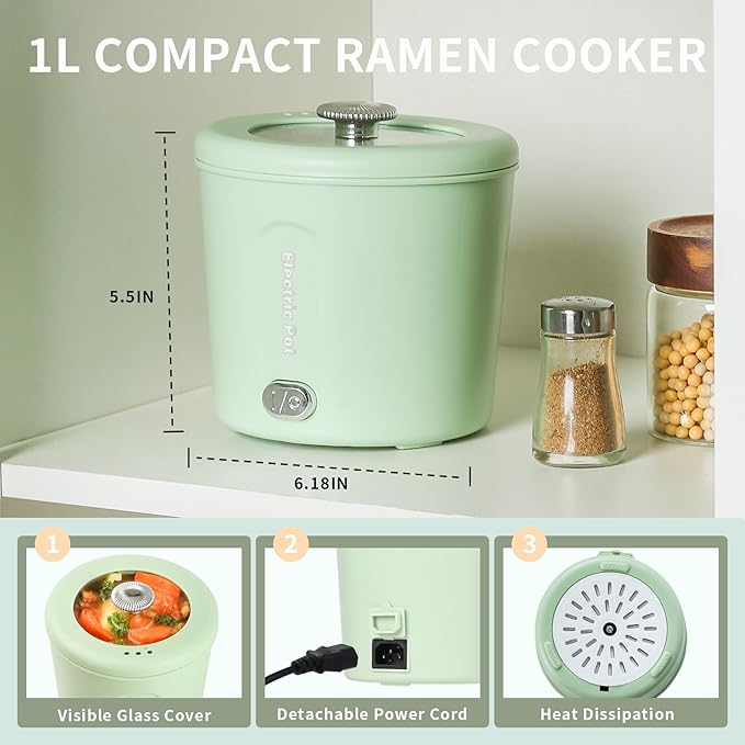 Hot Pot Electric, 1L Mini Ramen Cooker, 450W Rapid Noodles Cooker, Multifunctional Electric Pot for Cooking Pasta, Soup, Portable Pots with Over-Heating Protection for Dorm, Office, Travel