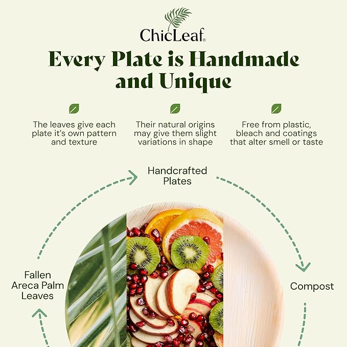 Chic Leaf Palm Leaf Plates 8 Inch - Disposable Bamboo Style Square Dinnerware for Winter Events & Ideal for Romantic Dinner for 2 - Heavy Duty, Compostable Serving Dish for Appetizers & Desser