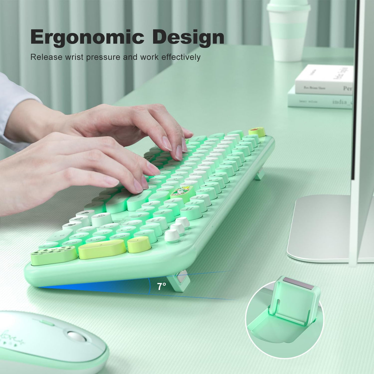 KNOWSQT Wireless Keyboard and Mouse Combo - Lovely Green Rainbow Full-Sized Typewriter Colorful Keyboards, Round Keycap USB Plug Play Retro Cute Keyboards for Windows, Laptop, PC, Desktop, Computer