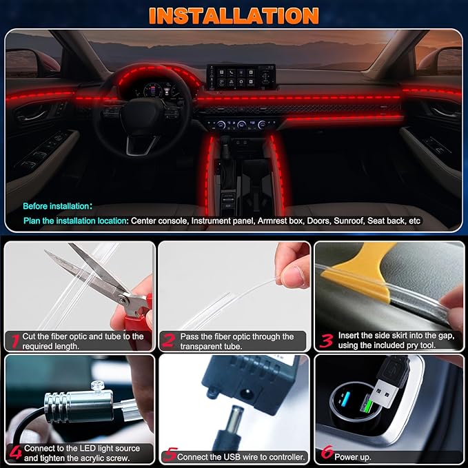 Jushope Interior Car LED Strip Lights with Wireless APP and Remote Control, RGB 5 in 1 Ambient Lighting Kits with 236 inches Fiber Optic, 16 Million Colors Car Neon Lights, Sync to Music