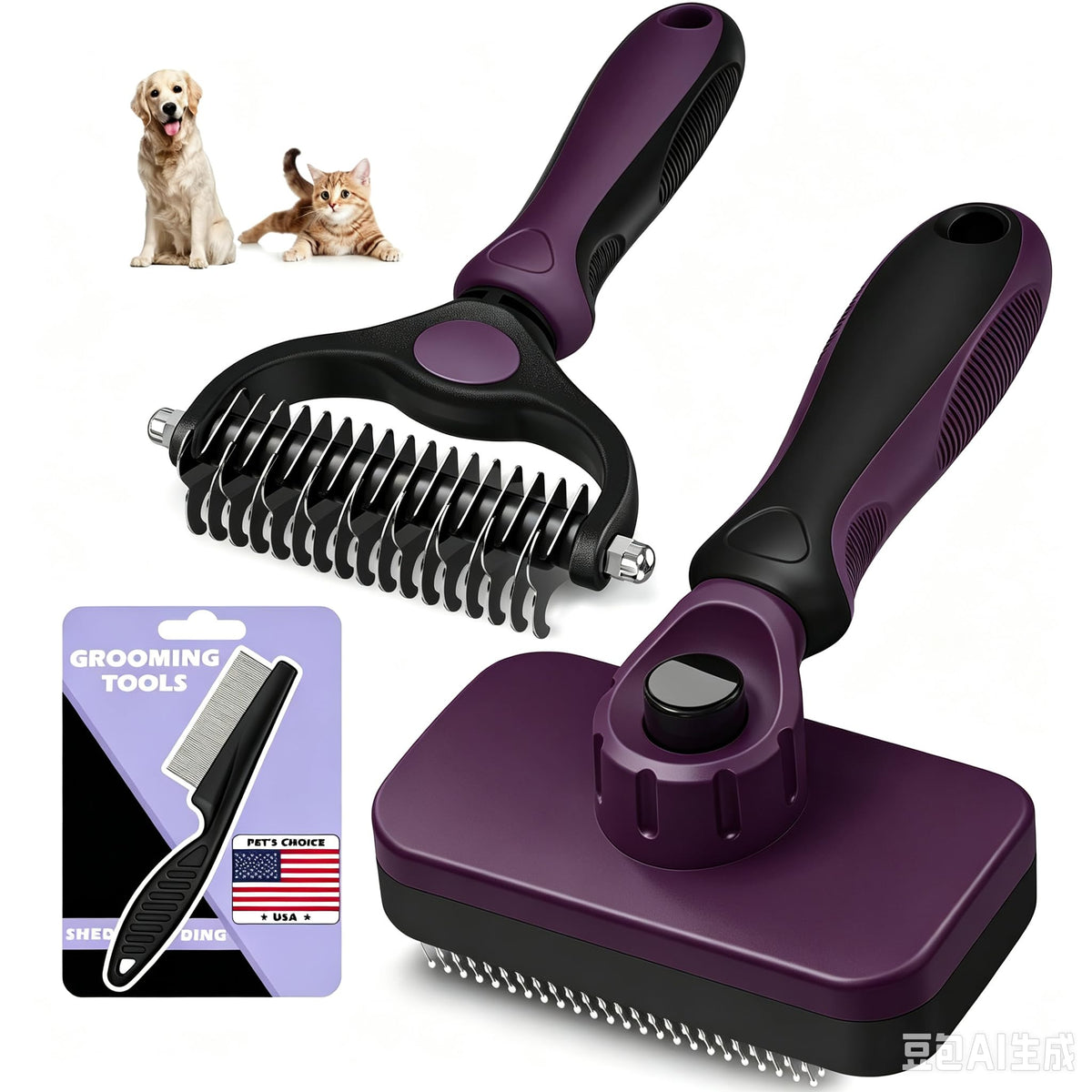 Professional 3PCS Self Cleaning Slicker Brush & Pet Grooming Rake & Flea Comb for Dogs,Cats and Horses | Double-Sided Dematting Comb & Skin Friendly Deshedding Grooming Tool | Pet Supplies (Green)