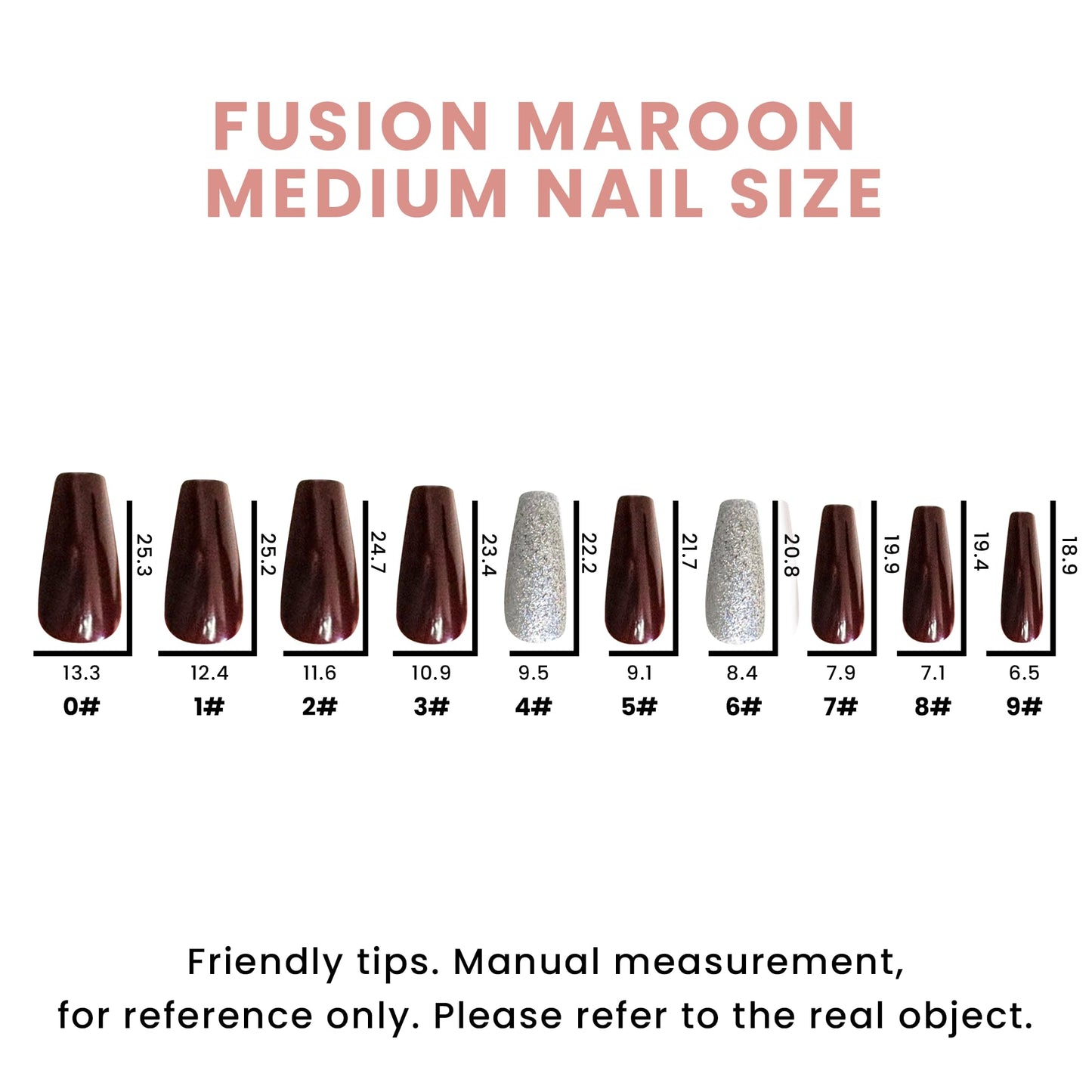 Allkem Press On Nails - Fusion Maroon Glossy Medium Long Ballerina | 10 sizes - 20 pcs Coffin Nail kit with Glue