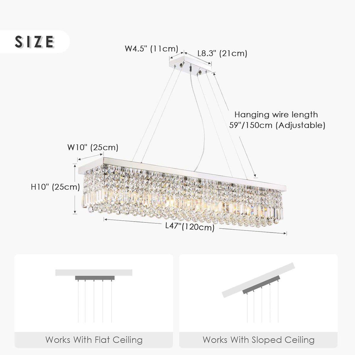 Siljoy Modern Rectangular Crystal Chandelier, 47" Rectangle Raindrop Hanging Ceiling Pendant Light Fixture Adjustable Height for Kitchen Island Dining Room, Polished Chrome Finish, L47 x W10 x H10
