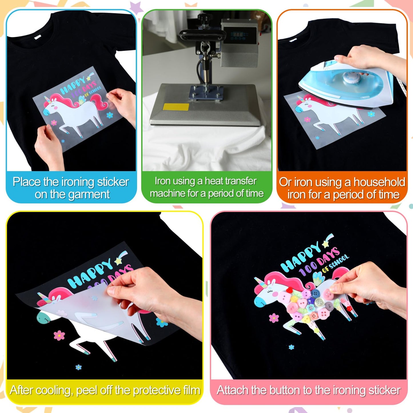 Suncalla 12 Sets DIY 100th Day of School Iron on Decals Craft Kit with Patches Buttons Machine Ice Cream Caterpillar T Shirt Dot Stickers for DIY Art School Party Activity Creative Supplies