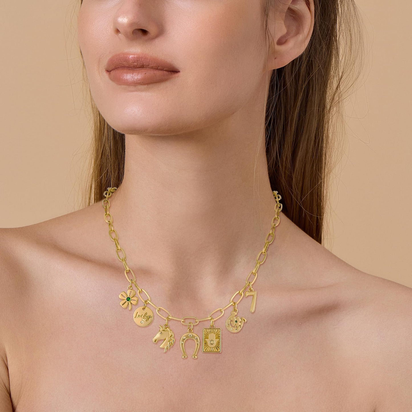 NEKOL Horseshoe Charm Necklace, Lucky Charms Pendant Paper Clip Chain Necklace Four-Leaf Clover Hamsa Horseshoe Cubic Ziron Inlays