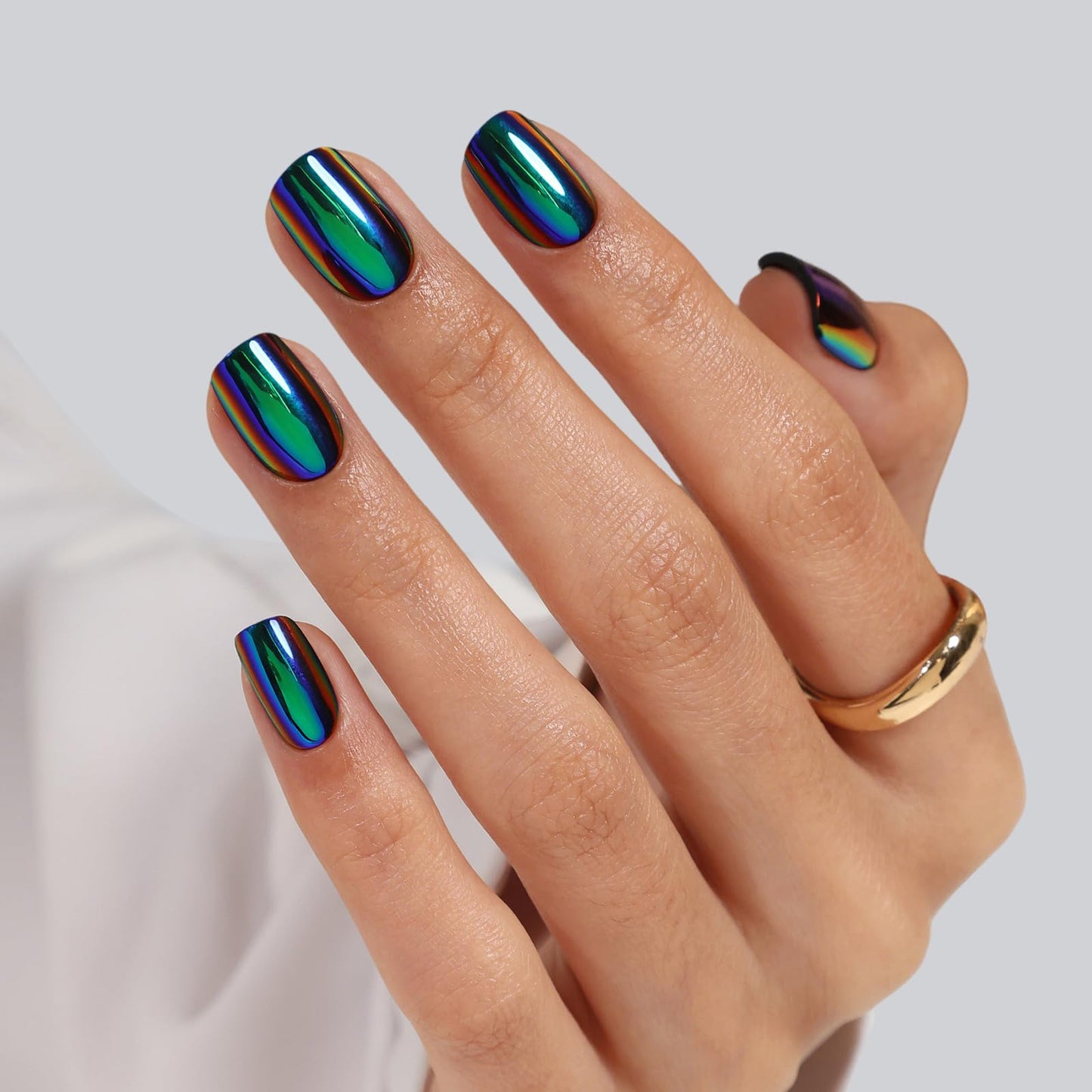 Metallic Chrome Press on Nails Square - SHANGMENG Green Purple Holo Short Nails for Women Gift, Soft Gel Glossy Glue on Nails with Glue in 16 Sizes - 32 Reusable Fake Nails Kit, Liquid Metal