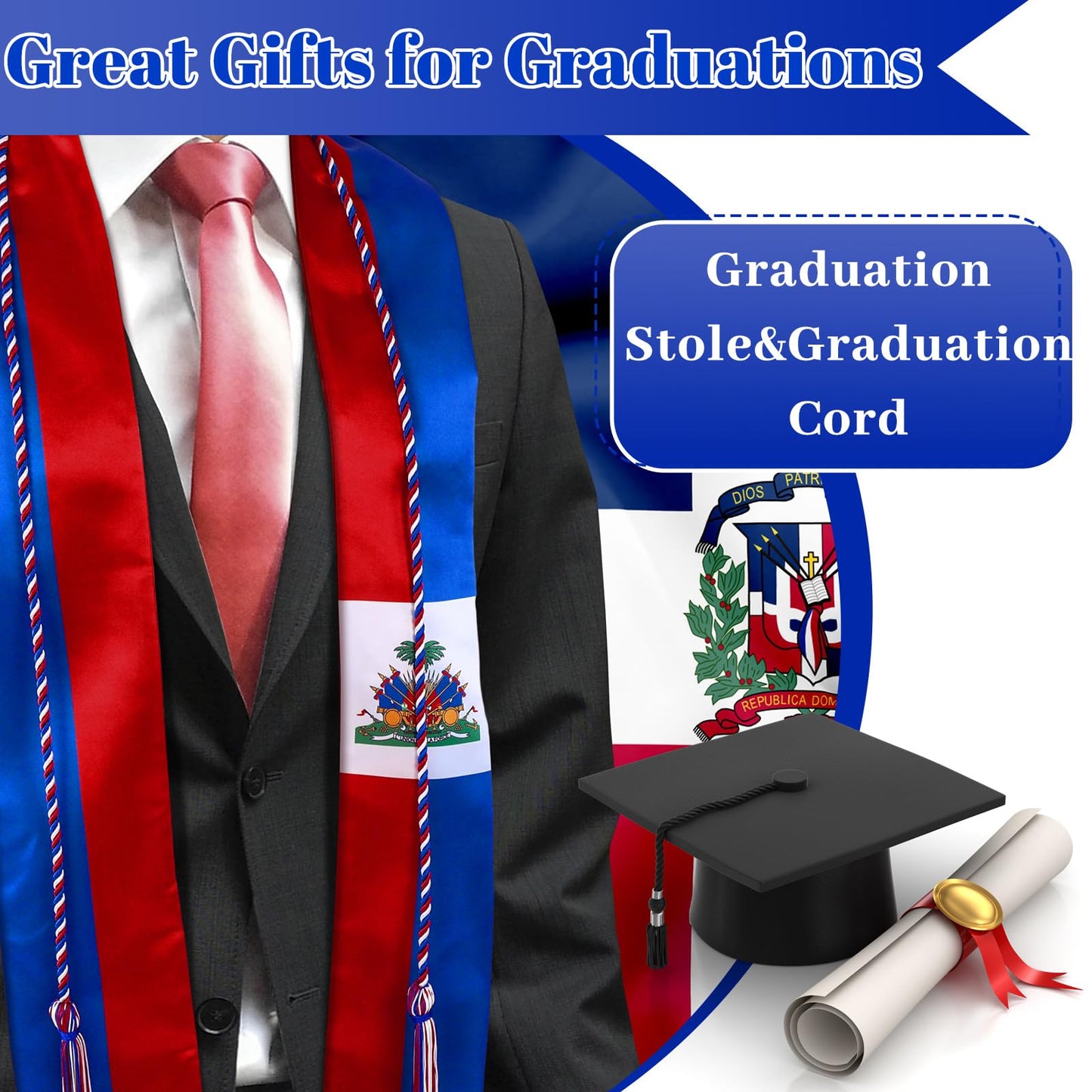 JaGely Country Flag Graduation Stole Sash Honor Cords Class of 2026 First Generation Grad Stole for International Students(Haiti Flag)