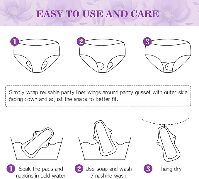 PHOGARY Reusable Menstrual Pads, Washable Overnight Cloth Panty Liners, 7pcs Bamboo Cloth Large Sanitary Pads for Heavy Flow with 1pc Wet Bag