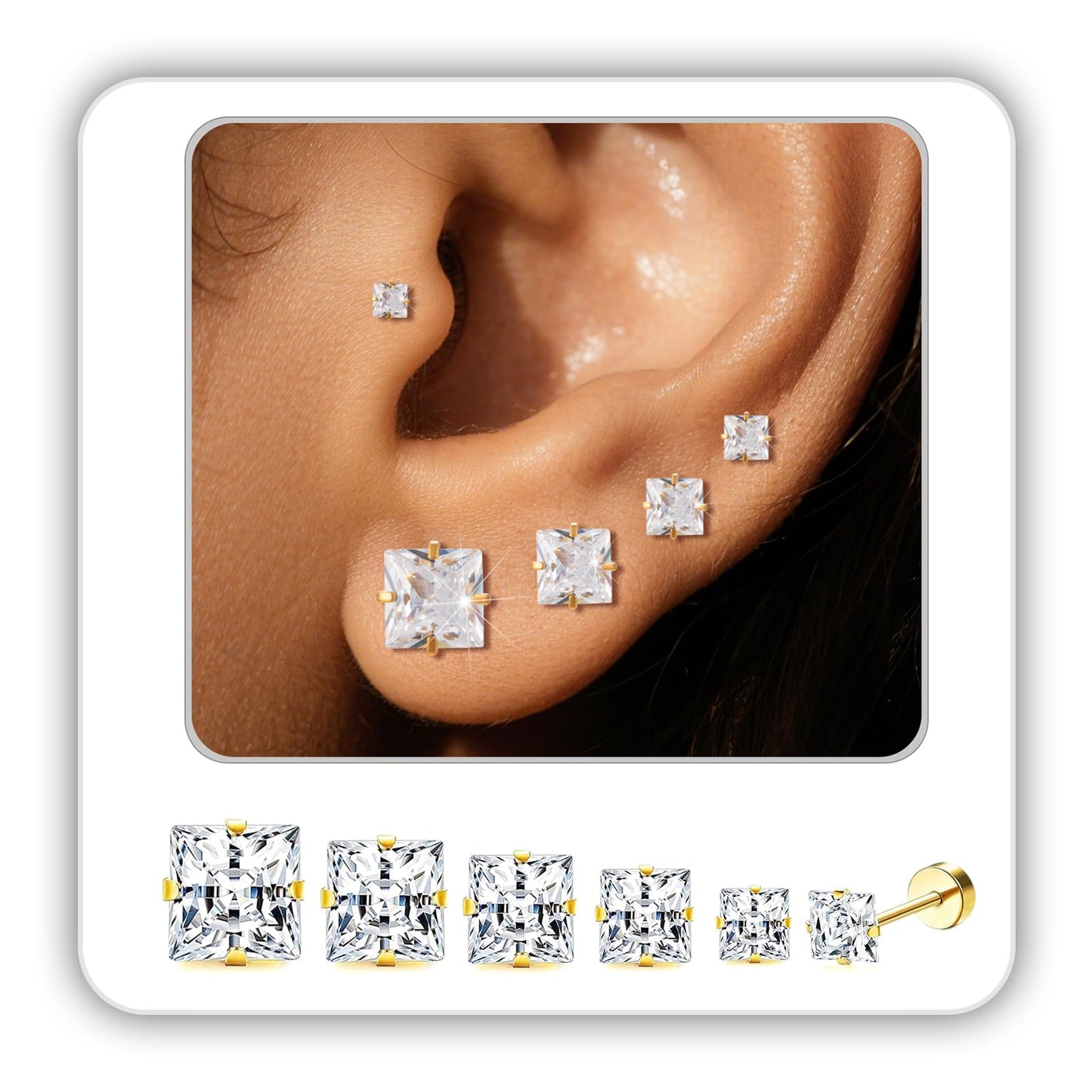 Princess Cut Square CZ Stud Earrings Flat Back, Screw Back Small Gold Clear Cubic Zirconia Studs Earrings Set for Women Men, Pack of 5 Pairs (3-4-5-6-7mm)