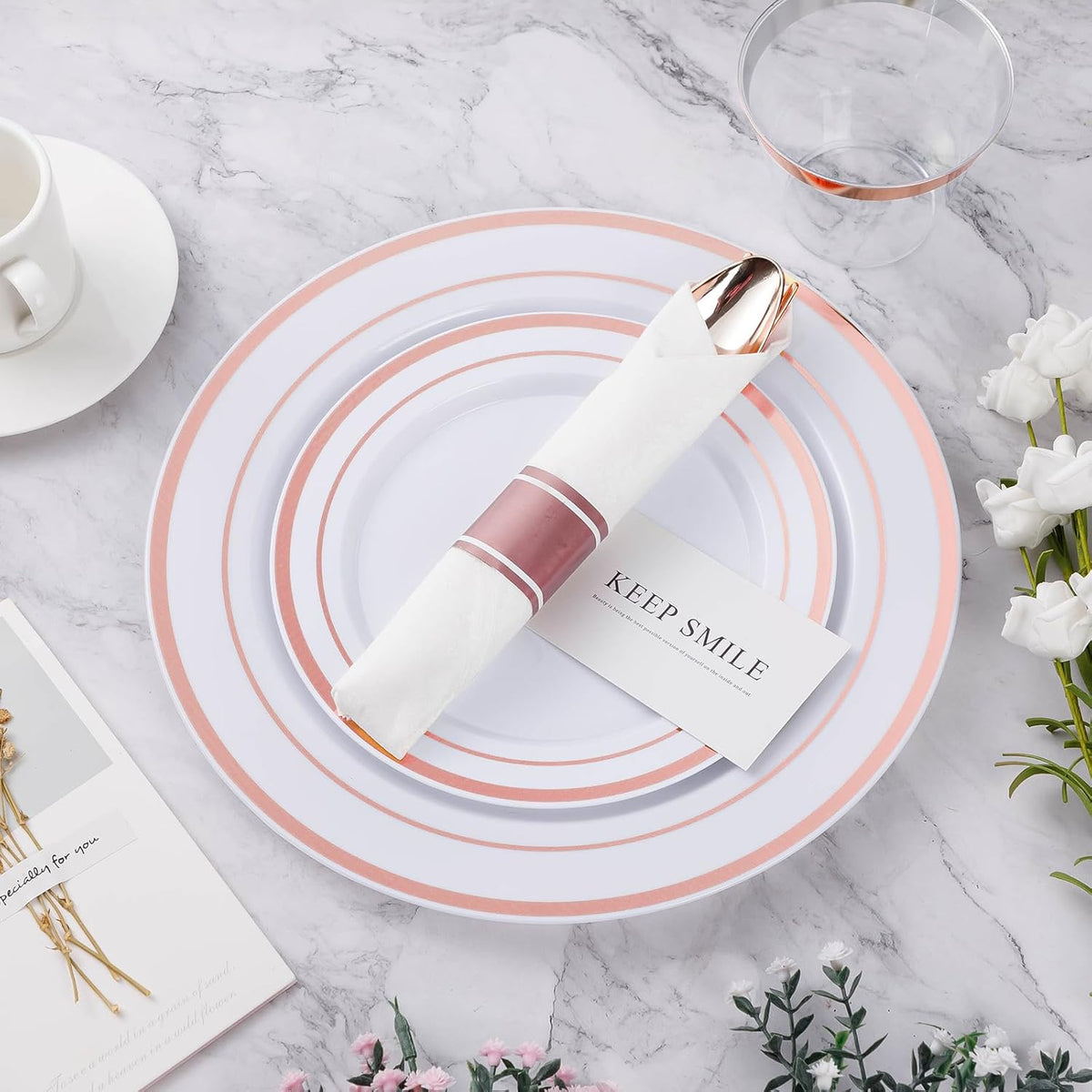 BESTVIP 175PCS Rose Gold Plastic Dinnerware Set, Disposable Party Plates for 25 Guests, Include: 50 Plastic Plates, 25 Pre Rolled Napkins with Rose Gold Silverware, 25 Cups for Christmas, Halloween