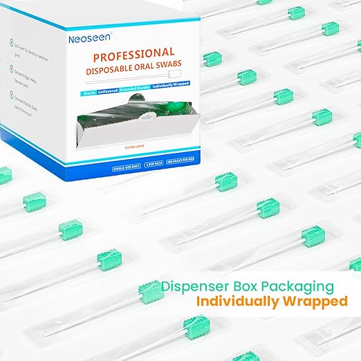Oral Swabs Disposable 200 Count – Longer Handle Medical-Grade Mouth Sponge Swabs – Individually Wrapped, Latex-Free, Non-Abrasive Mouth Swabs for Elderly, Home & Hospital Use (Aqua)