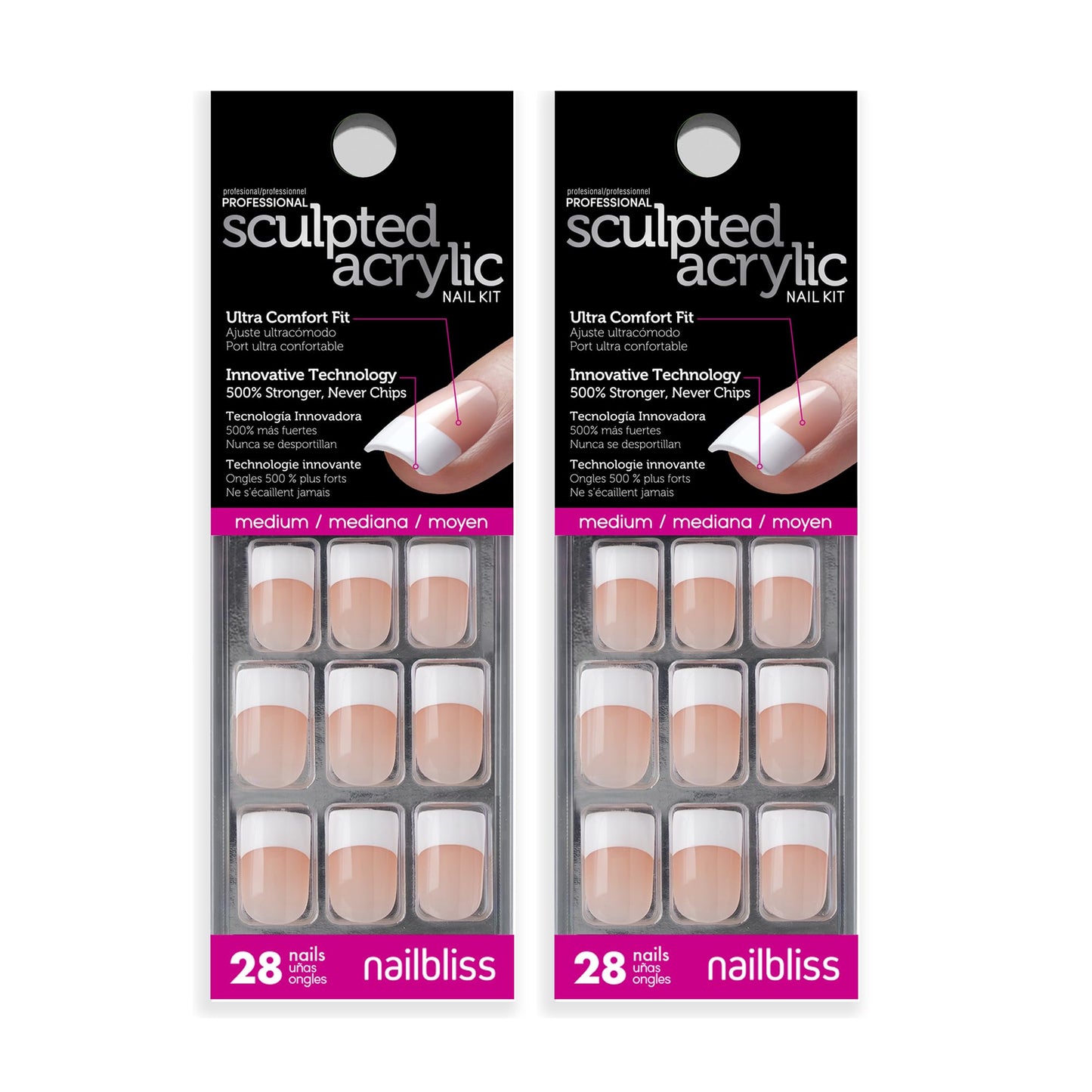 Dashing Diva Sculpted Acrylic French Tip Manicure Bundle - Classic Nude, Medium Square - Salon Quality, Easy to Apply, Long-Lasting Press-On Nails - Contains 2 Sets of 28 Glue On Nails