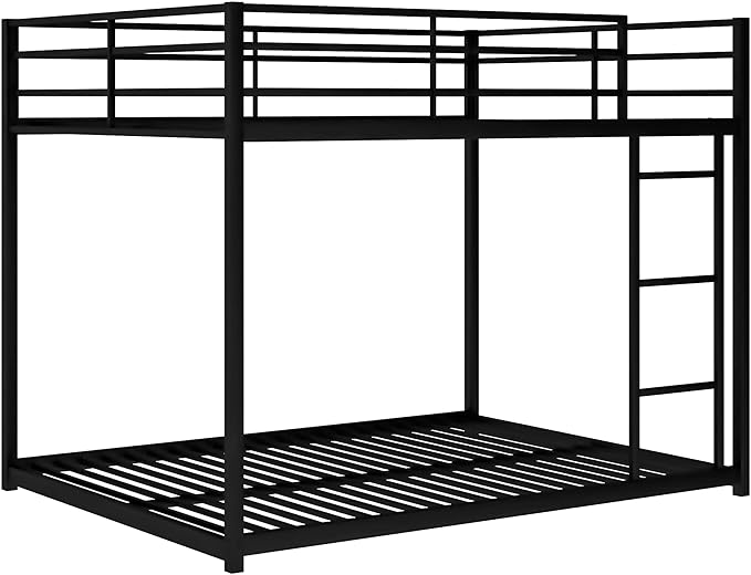 Full Over Full Metal Bunk Bed with Full-Length Guardrail,Low Bed Frame W/Ladder, Steel,No Noise,Bedroom Furniture for Adult Kid Boy Girl Teen,Black