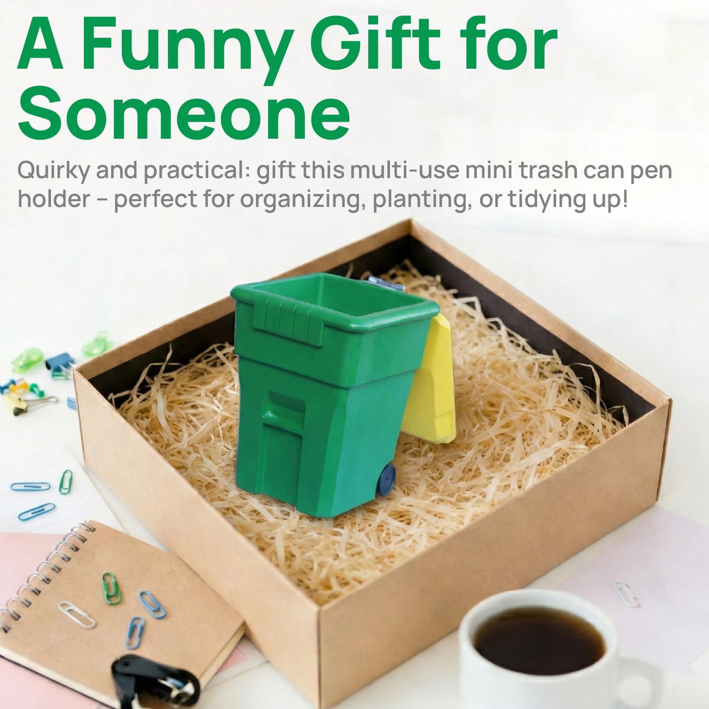 ini Trash Can Pen Holder with Lid - 3-in-1 Desk Organizer Pencil Cup Small Plant Pot with Drainage Desktop Trash Bin for Office Plants and Gifts Green