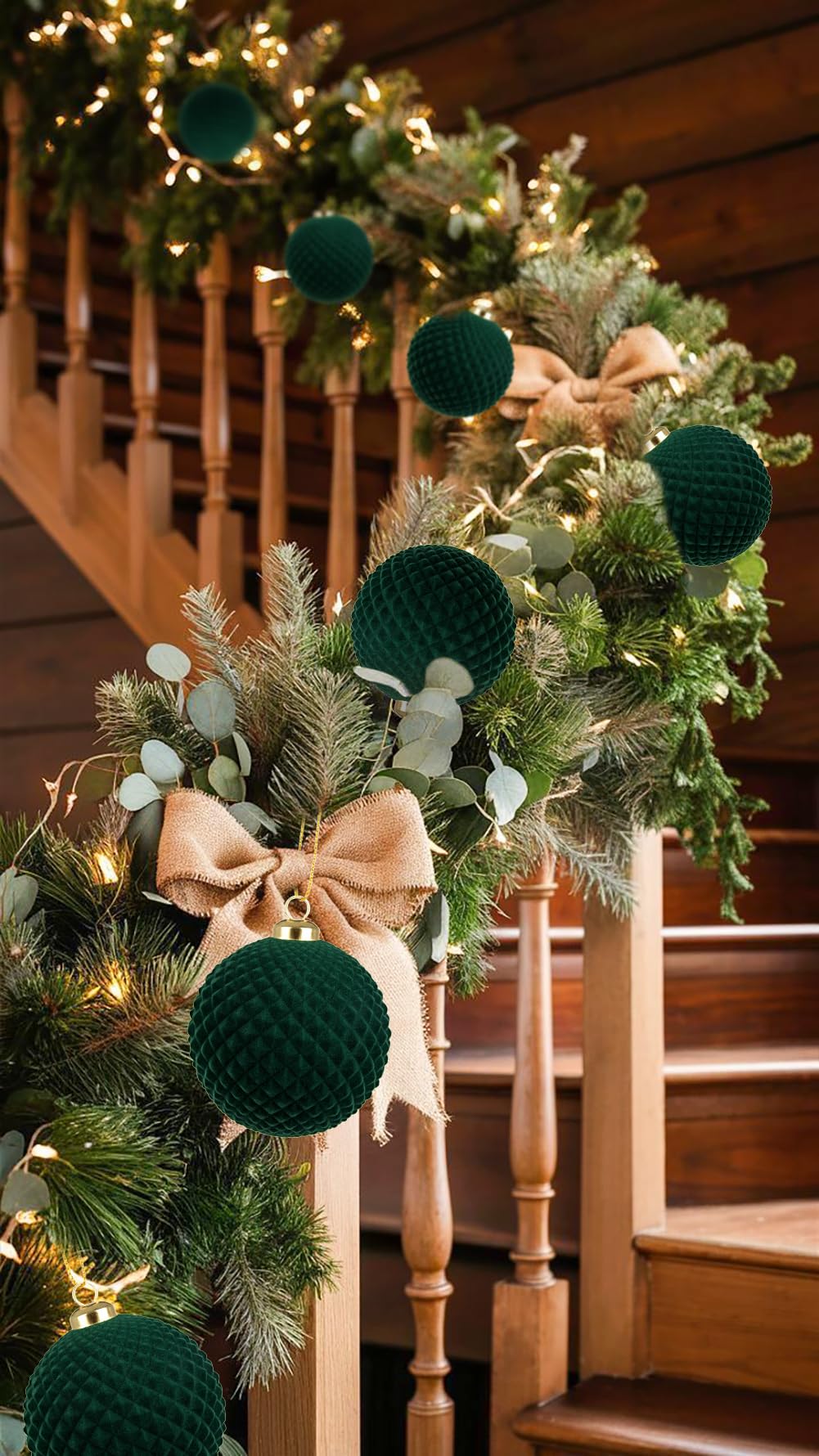 Velvet Christmas Ball Ornaments Set - 6 Pcs 4" Large Hanging Ball Christmas Tree Decorations Green Shatterproof Luxury Decor with Hanging Strings for Xmas Tree Decor Halloween Holiday Home Party