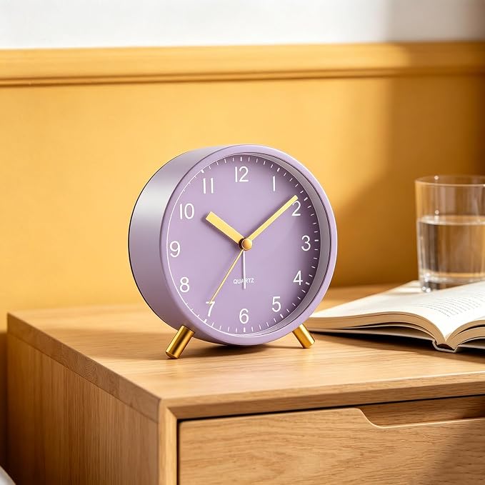 Analog Alarm Clock, Silent Non-Ticking with Night Light, Fashionable Round Metal Alarm Clock for Office, Battery Operated Alarm Clock for Bedroom, Elderly, Adults, Children, Student Gifts