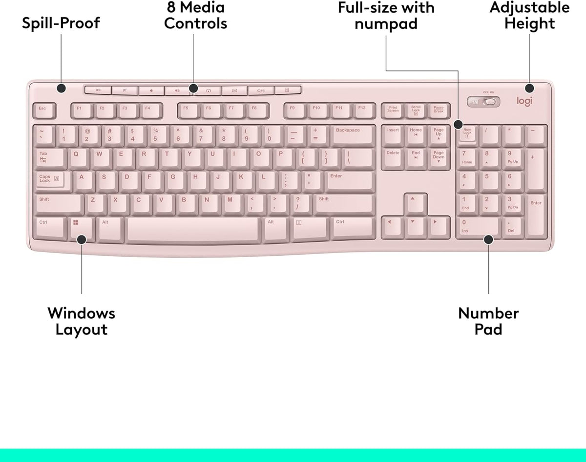 Logitech K270 Wireless Keyboard for Windows, 2.4 GHz Wireless, Full-Size, Number Pad, 8 Multimedia Keys, 2-Year Battery Life, Compatible with PC, Laptop - Rose
