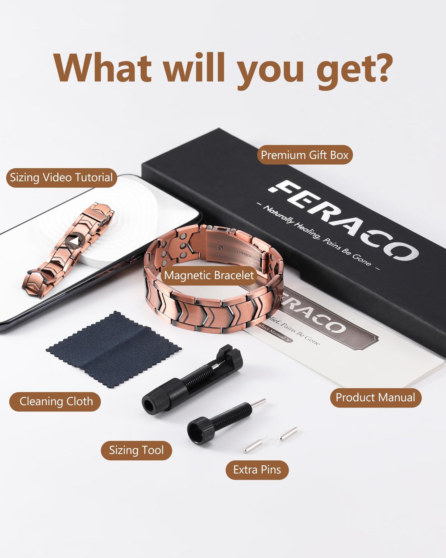 Feraco 3X Strength Copper Magnetic Bracelet for Men - 99.99% Pure Copper with 3800 Gauss Magnets