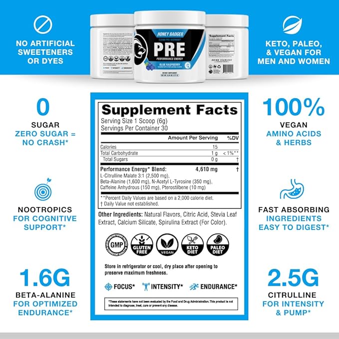 Honey Badger Pre Workout Powder, Keto Vegan Preworkout for Men & Women, Beta Alanine & Caffeine, Sugar Free Natural Energy Supplement, Blue Raspberry, 30 Servings