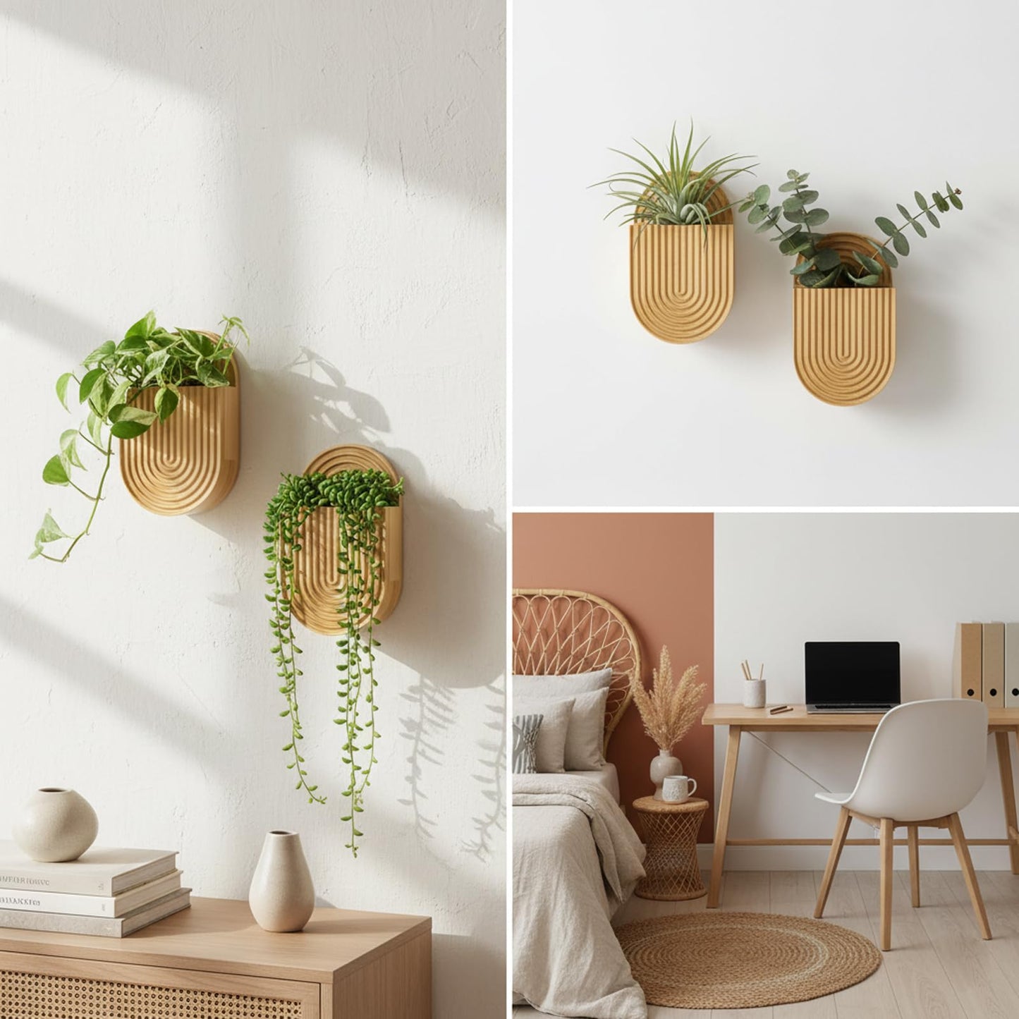 Aimto Wooden Wall Vase Set of 2, Bamboo Boho Wall Decor Planters Holder for Indoor Plants, for Entryway, Hallway, Bathroom, Living Room, Dining Room