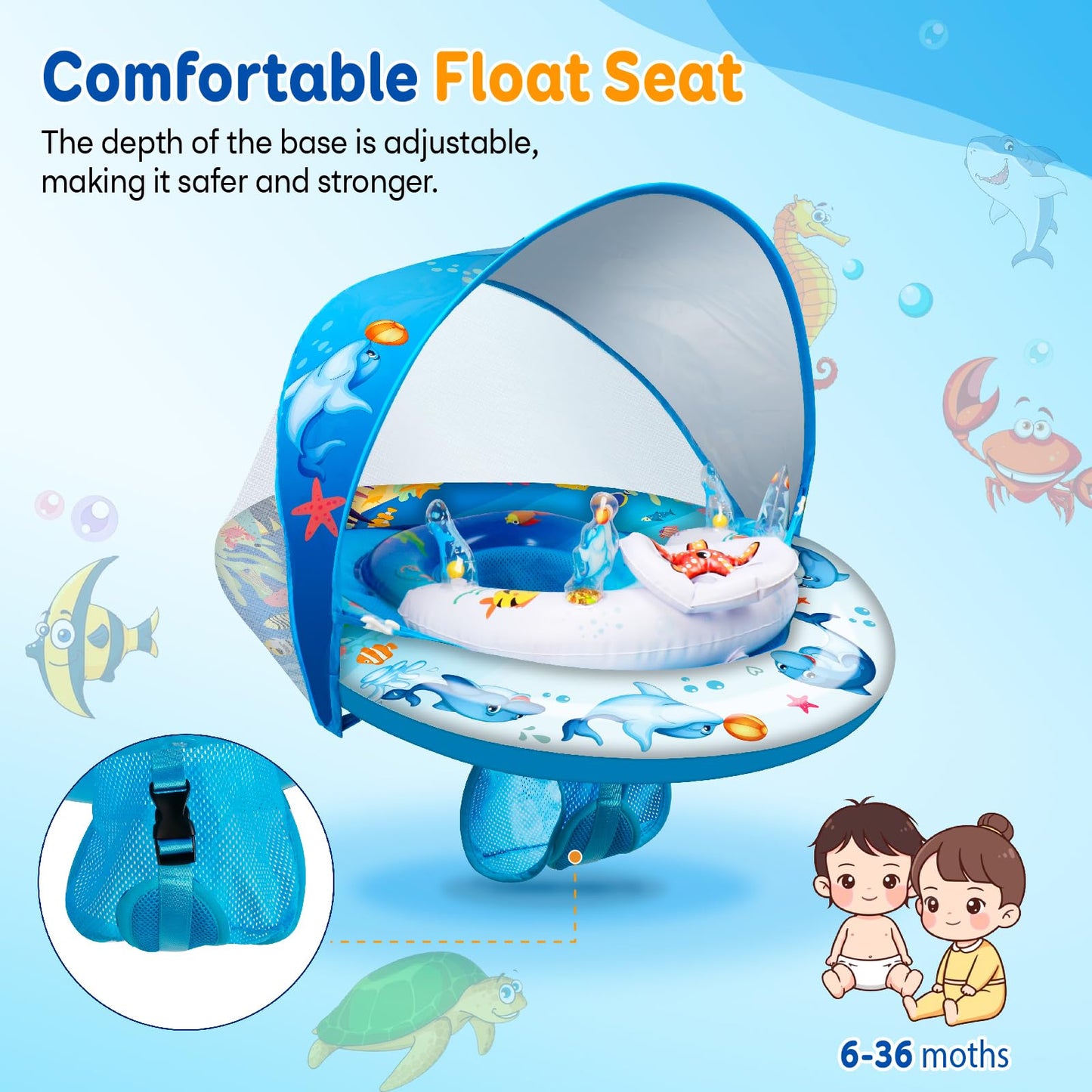 Foxgor Extra Large Baby Pool Float with UPF50+ Canopy, Anti-Flip Double Air Chambers, Adjustable Seat for Infant Toddler 6-36 Months, Ocean Toys | CPC Certified | ASTM F963 | for Pool Beach