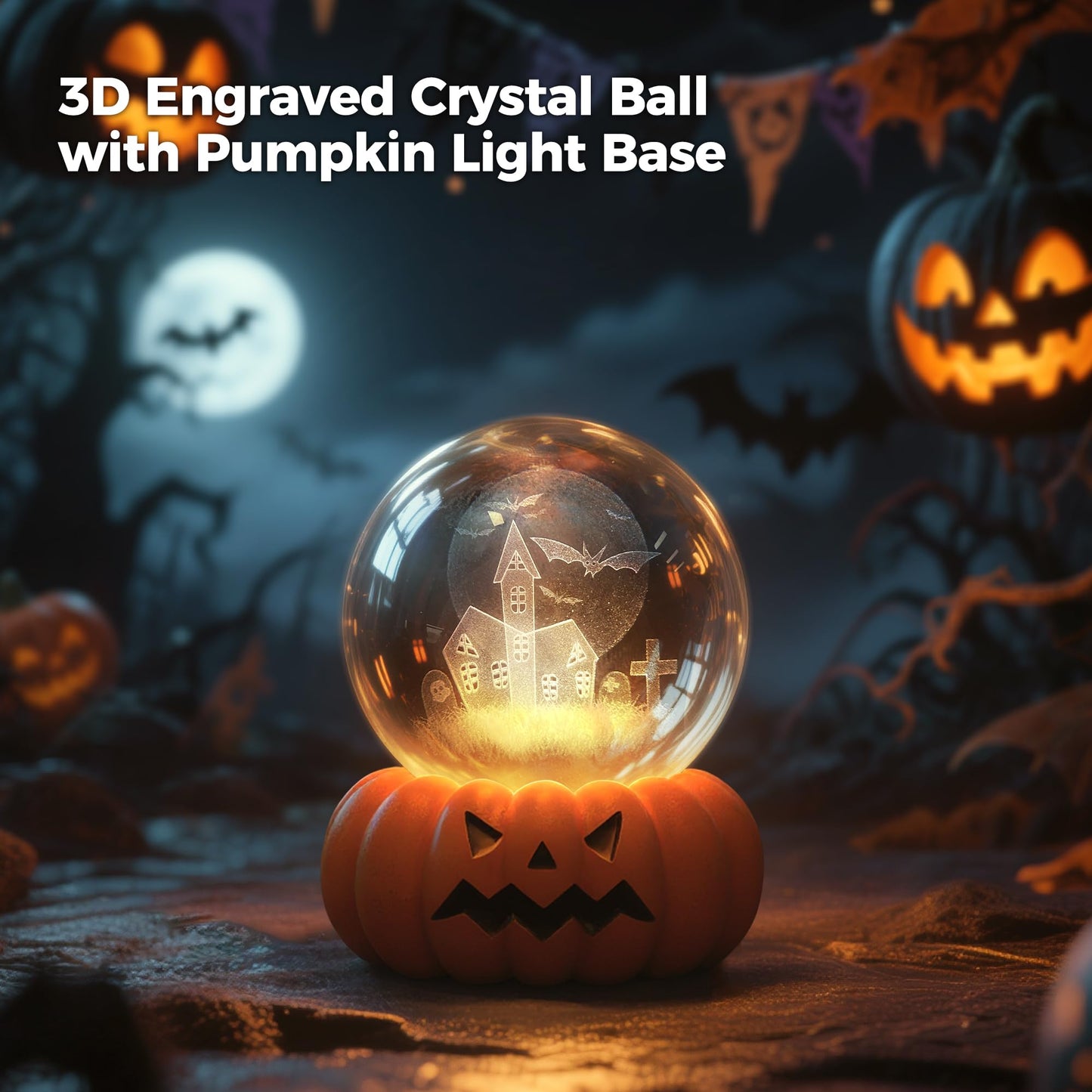 Briignite LED 3D Crystal Ball Night with Pumpkin Switch Light Base, Funny Halloween 3000K Warm Night Light for Kids Room Holiday Party Decor and Gift