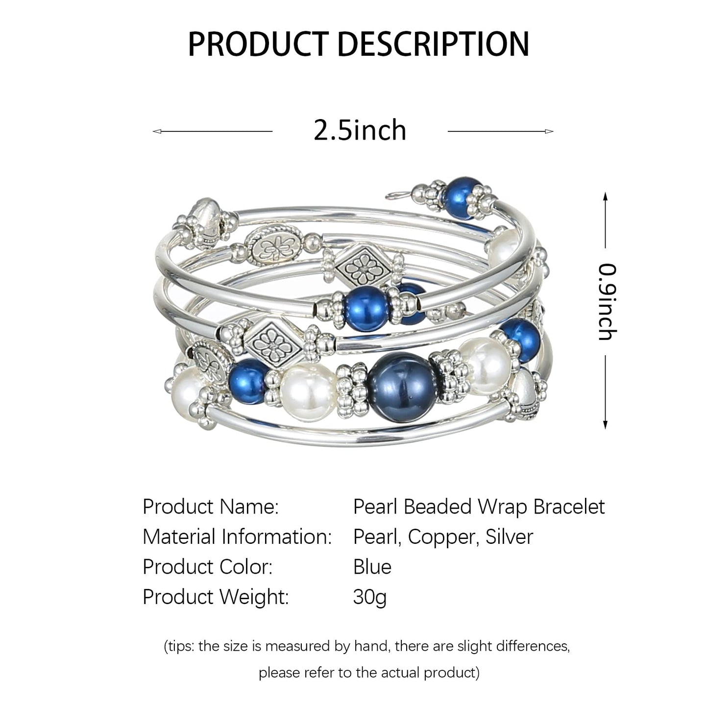 FULU AUTUMN Beaded Pearl Bangle Bracelets for Women Silver Wrap Bangles Bracelet Womens Costume Jewelry Fashion Gift(18-Blue)